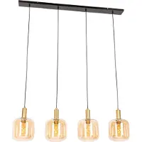 QAZQA Suspension design noire avec laiton et verre ambre 4 lumières - Zuzanna