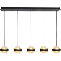 Highlight Suspension Dynasty 5 lumières droites noires avec verre ambré