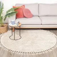NATURL. Tapis rond à poils longs - Lofty Fringe Crème/Blanc | Ø 180 cm | Rond | Pile haute