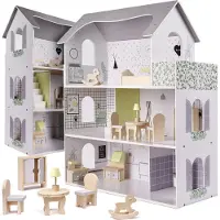 Kik Maison de poupée en bois + meubles 70cm gris