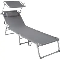 TecTake - chaise longue, robuste, réglable, base en acier avec parasol, dossier à 4 positions avec coussin, chaise de plage Idéal pour le jardin, la piscine, le camping - gris