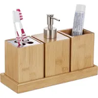 Relaxdays 10032127 Accessoires de Salle de Bain, Lot de 4, Bambou, Distributeur de Savon à Pompe, gobelet à Brosse à Dents, Bol, Nature, INOX, 1 élément