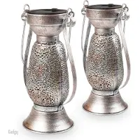 GADGY Solar Tafellamp Petroleum - Olielamp Tuinlantaarn Set van 2 - Solar Tuinverlichting op Zonneenergie - Led Buitenverlichting met dag/nacht Sensor - Hanglamp - 21 x Ø11.5 cm - Metaal