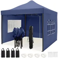 LifeGoods Tente de réception - Pavillon - EasyUp - Pliable - 4 parois latérales - Imperméable - Avec sac de transport à roulettes - 3x3 mètres - Bleu foncé