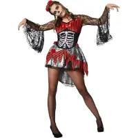 TecTake Halloween Dancer Costume Ladies - L - Red - Robe avec imprimé squelette, dentelle et serre-tête