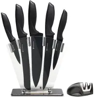 Kitchenbrothers Set de couteaux - Bloc de couteaux - 7 pièces - avec aiguiseur de couteaux - Noir