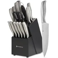 Kitchenbrothers Set de couteaux de 16 pièces - avec ciseaux et acier d'affûtage - Argent/Acier inoxydable