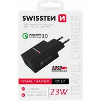 Swissten Chargeur USB 2x USB QC 3.0 + USB, 23W (23 W, 2 ports), Chargeur USB, Noir