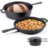Chefarone Poêle en fonte - Casserole 2-en-1 - Couvercle inclus - Convient à toutes les sources de chaleur