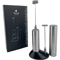 Perow Mousseur à lait électrique - Mousseur à lait manuel - Batteur pour tasses de lait - Argent - Acier inoxydable - Piles incluses