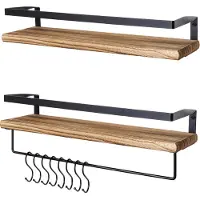 LifeGoods Etagère murale flottante - 2 pièces - 41cm - Porte-serviettes et 8 crochets - Bois - Marron/Noir