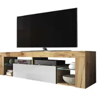Selsey Armoire TV BIANKO Buffet TV aspect bois chêne Lancaster avec abattant blanc brillant avec éclairage LED Debout 140cm