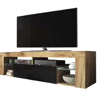 Selsey Armoire TV BIANKO - Buffet TV aspect bois chêne Lancaster avec abattant en noir brillant Debout 140cm