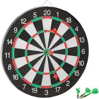 Relaxdays Cible Board X1 avec fléchettes, 43 cm, 6 fléchettes, double face, fléchettes en acier, cible classique, noir et blanc