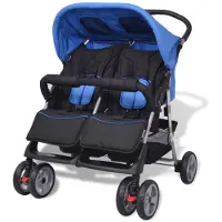 vidaXL Poussette À Deux Places Acier Bleu Et Noir