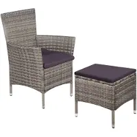 vidaXL Chaise de jardin et tabouret avec coussins Poly rotin gris