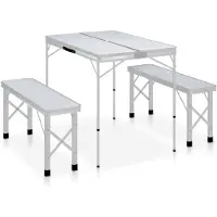 vidaXL Table de camping pliante avec 2 bancs Aluminium Blanc