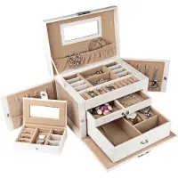 LifeGoods Boîte à bijoux XL - Boîte à bijoux - 20 compartiments - Blanc/Beige