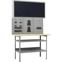 vidaXL Établi avec 3 panneaux à outils et 1 armoire murale