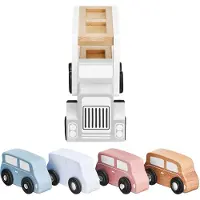 Mamabrum Camion Porte Voitures en Bois Premier âge - Transporteur avec Piste de remorquage – Dépanneuse à 4 Voitures Couleurs Pastel
