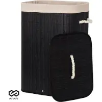 Infinity Goods Panier à linge avec couvercle noir - Bambou - Trieur de linge - Sac à linge en coton lavable - Poignées - 72 litres - Noir