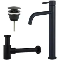 FortiFura Calvi Slim Kit mitigeur lavabo - robinet rehaussé - bonde clic clac - siphon design bas - Noir mat SW377836/SW696199/SW696215