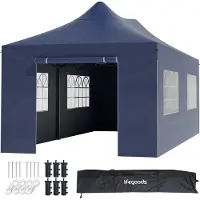 LifeGoods Chapiteau de jardin - 3x6 m - Pliable - Etanche - Parois - Sac de transport à roulettes - Bleu foncé
