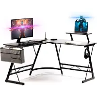 GADGY Game Desk Carbon PRO - Gaming Corner Desk 130 CM Wide - Gaming Desk with Carbon Details - Gaming Desk L-Shape with Headphone Holder, Screen Raise & Storage Basket - Level Up with Gadgy - Black
