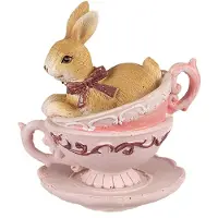 Clayre & Eef Lapin décoratif dans une tasse 6PR4986 9x7x9 cm Marron et rose