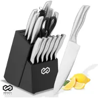 Infinity Goods Set de couteaux - Bloc de couteaux - 16 pièces - avec bloc, aiguiseur de couteaux et ciseaux - résistant aux rayures - acier inoxydable - argent/noir