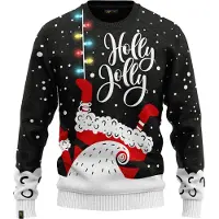 JAP Christmas Pull de Noël JAP avec guirlande lumineuse (taille XL) - 100 % recyclé - Ne gratte pas - Cadeau de Noël pour adultes - Pull de Noël kitsch pour femmes et hommes - Holly Jolly - Noir