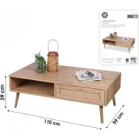 AC-DÉCO Table basse BALI sur pieds 1 tiroir - Cannage rotin - Effet bois clair - 110 x 59 x H 39.5 cm