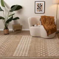 FRAAI Tapis lavable - Dunya Geo Beige/Blanc | 140x200 cm | Rectangulaire | Pile courte