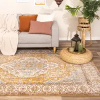 FRAAI Tapis vintage - Thirza Medallion Jaune Ocre/Multicolore | 80x150 cm | Rectangulaire | Pile courte