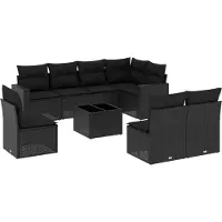 vidaXL Ensemble de salon de jardin 9 pièces avec coussins noir poly rotin
