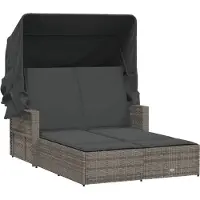 vidaXL Bain de soleil double avec toit et coussins Gris Poly Rattan