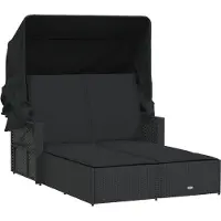 vidaXL Bain de soleil double avec toit et coussins Noir Poly Rattan