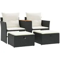 vidaXL Canapé de jardin 2 places avec tabourets Noir Poly Rattan