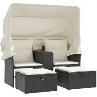 vidaXL Canapé de jardin 2 places avec auvent et tabourets noir rotin