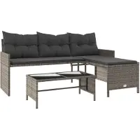 vidaXL Canapé de jardin en L avec table et coussins Gris Poly rotin