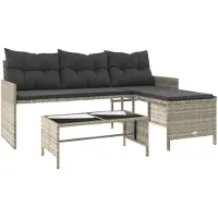 vidaXL Canapé de jardin en L avec table et coussins gris clair Poly rotin