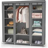 Intirilife Armoire pliante 150x175x45 cm en CASH GRIS - avec fermeture éclair Armoire en tissu avec tringle à vêtements, compartiments et poche latérale - Camping Armoire enfichable Textile Garde-robe
