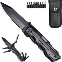 Travelhawk Couteau de poche - Multitool Couteau de poche - 14-in-1 Multitool - Ouvre-boîte - Ouvre-bouteille - Couteau de poche - Tournevis -9 vis interchangeables - Etui de transport - Couteaux de