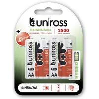 Uniross Batteries Pack de 4 Piles Rechargeable AA/HR6 2500 NIMH HYBRIO, 1.2V