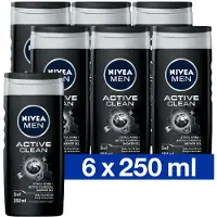 Nivea MEN Active Clean Shower Gel - Gel douche 3-en-1 avec charbon naturellement actif - Shampooing - Prepack - 6 x 500 ml