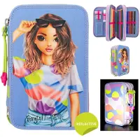 TOPModel Trousse à crayons FLASH 3 compartiments, remplie de 18 crayons de couleur et feutres, 2 crayons à papier, taille-crayon, gomme, règle, ciseaux, bâton de colle, Matière : 100%.polyester
