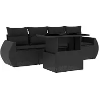 vidaXL Ensemble de salon de jardin 5 pièces avec coussins noir poly rotin