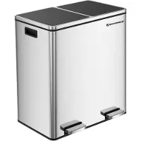 Songmics Double Rubbish Bin, 2 x 30L dustbin, metal step bin, with double compartments, plastic inner buckets and hinged lids, handles, soft closure, airtight, black