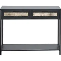 Beliani Console À 2 Tiroirs Noir Et Rotin Naturel Opoco