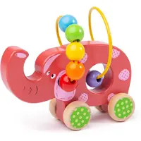 Bigjigs Figurine en bois à pousser « Éléphant » avec spirale à perles de